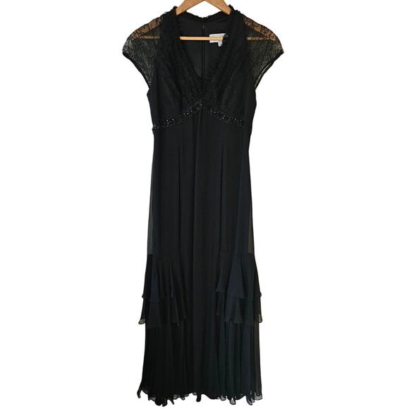 Vintage Badgley Mischka Silk Gown, Size 6 Beaded Empire Lace Ruffle Whimsigoth - Picture 1 of 9